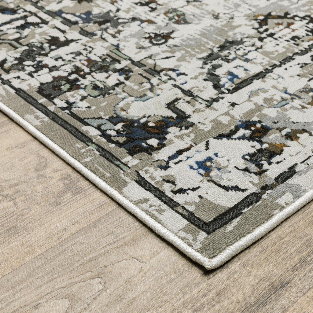 6' X 9' Ivory Charcoal Grey Blue Rust Gold And Brown Oriental Power Loom Stain Resistant Area Rug