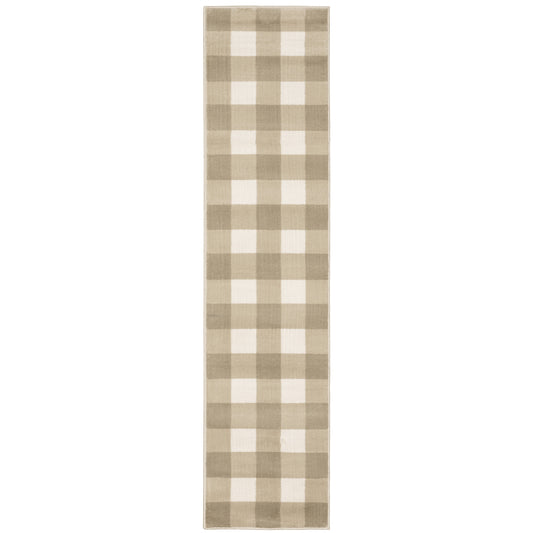 2' X 8' Beige And Ivory Geometric Power Loom Stain Resistant Runner Rug