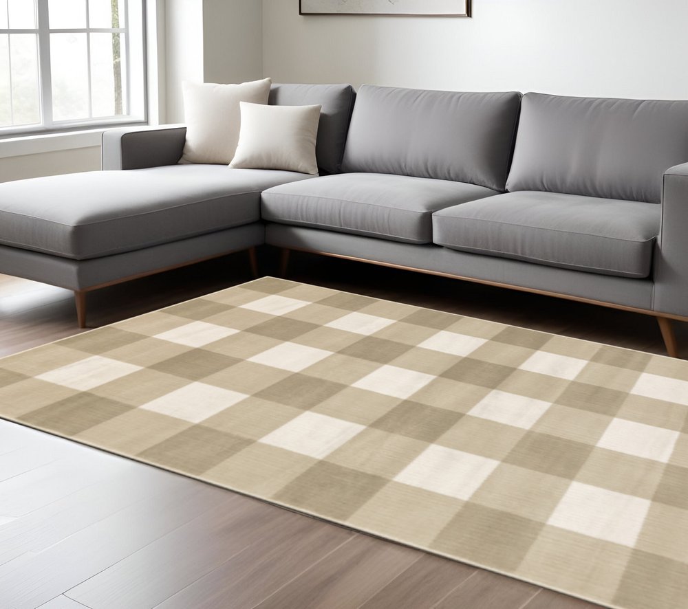 7' X 9' Beige And Ivory Geometric Area Rug