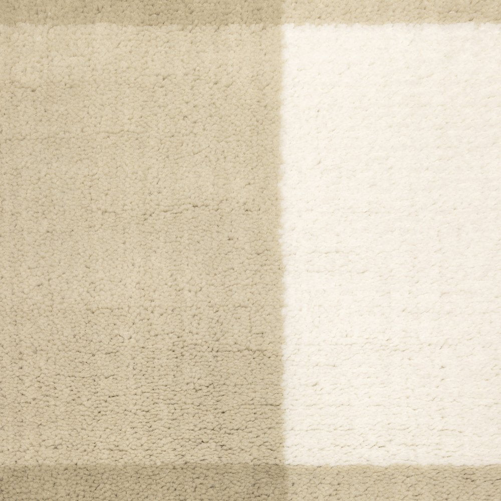 Square beige and ivory color-block rug with a plush, shaggy texture for modern living spaces.
