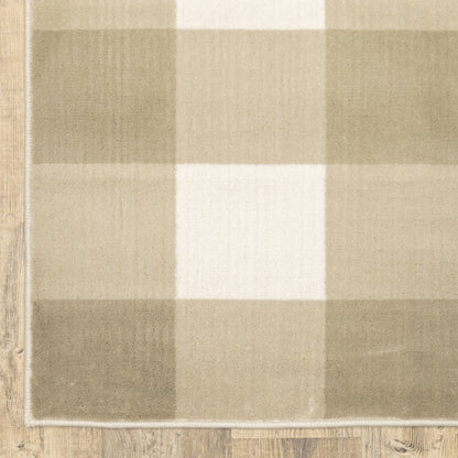 Beige tan plaid area rug with a white center square on a wood floor; woven texture, rectangular, cozy living room decor.