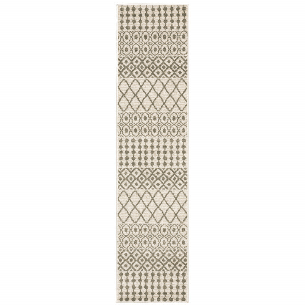 2' X 8' Ivory And Grey Geometric Power Loom Stain Resistant Runner Rug