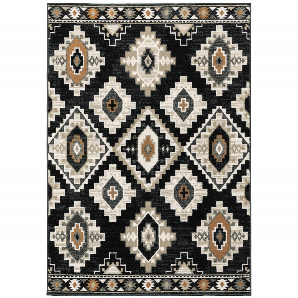 5' X 7' Black Grey Tan Orange And Ivory Southwestern Power Loom Stain Resistant Area Rug