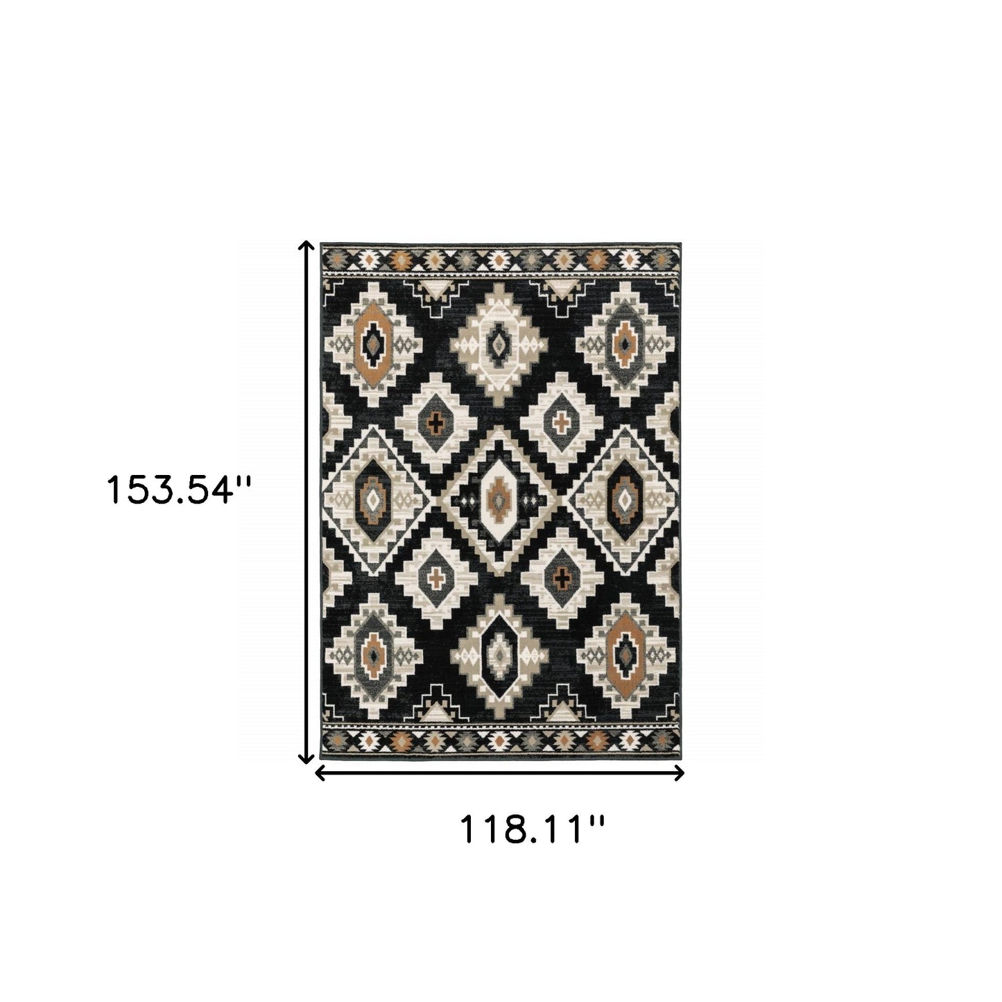 10' X 13' Black Grey Tan Orange And Ivory Southwestern Power Loom Stain Resistant Area Rug