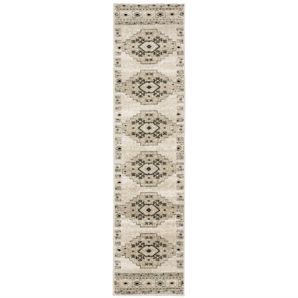 2' X 8' Ivory Grey Black And Ivory Southwestern Power Loom Stain Resistant Runner Rug