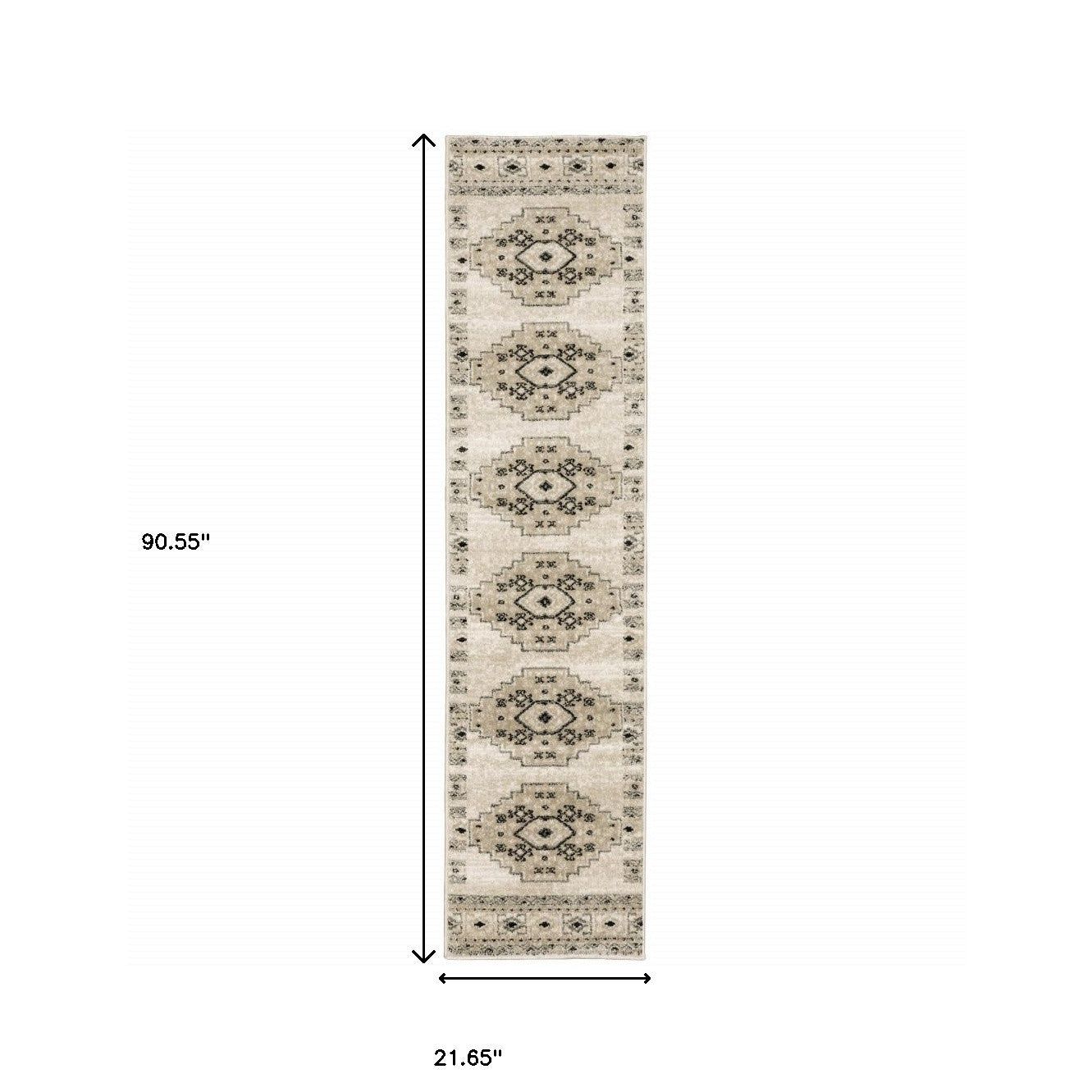 2' X 8' Ivory Grey Black And Ivory Southwestern Power Loom Stain Resistant Runner Rug