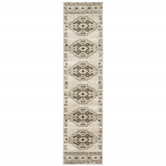 2' X 8' Ivory Grey Black And Ivory Southwestern Power Loom Stain Resistant Runner Rug