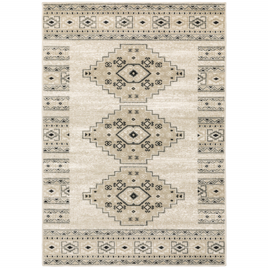 5' X 7' Ivory Grey Black And Ivory Southwestern Power Loom Stain Resistant Area Rug