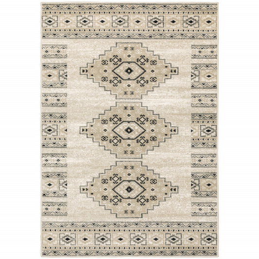 6' X 9' Ivory Grey Black And Ivory Southwestern Power Loom Stain Resistant Area Rug