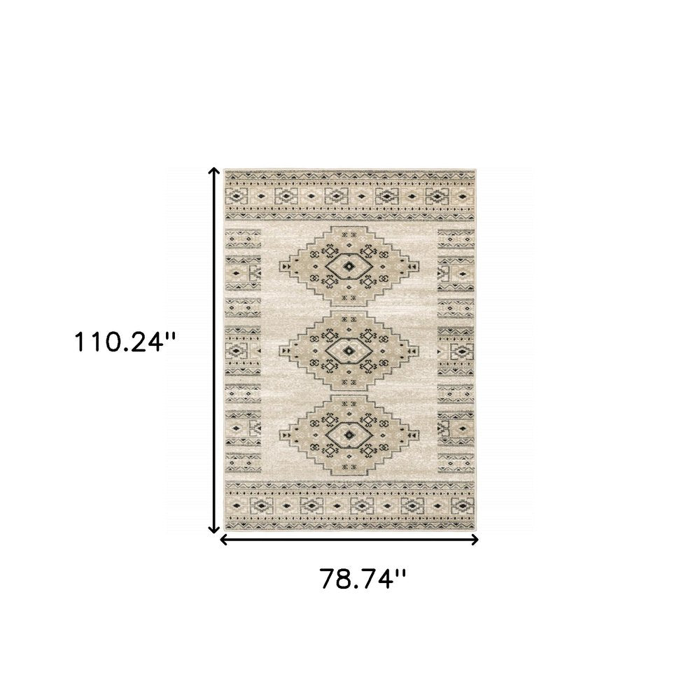 7' X 9' Gray And Ivory Southwestern Area Rug