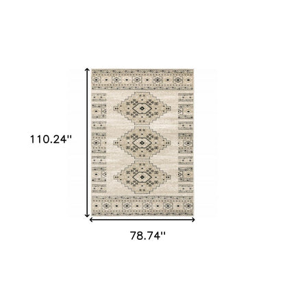 7' X 9' Gray And Ivory Southwestern Area Rug