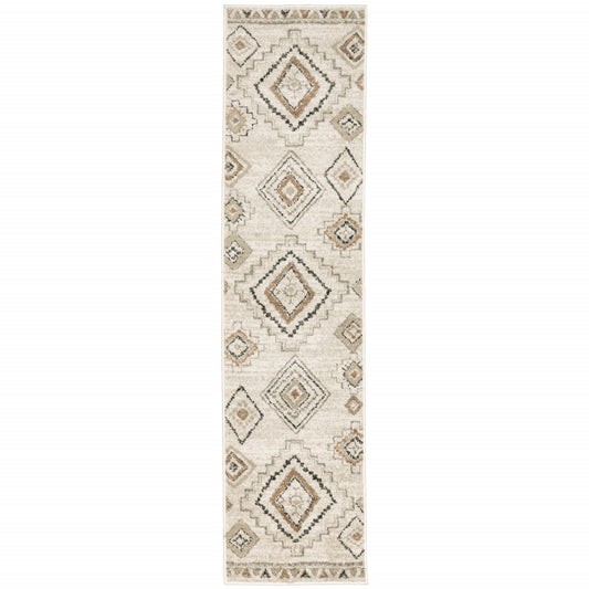 2' X 8' Ivory Orange Tan Black And Grey Southwestern Power Loom Stain Resistant Runner Rug