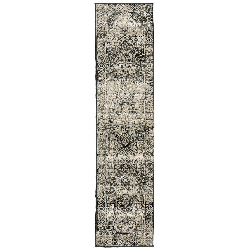 2' X 8' Black Grey Tan And Ivory Oriental Power Loom Stain Resistant Runner Rug