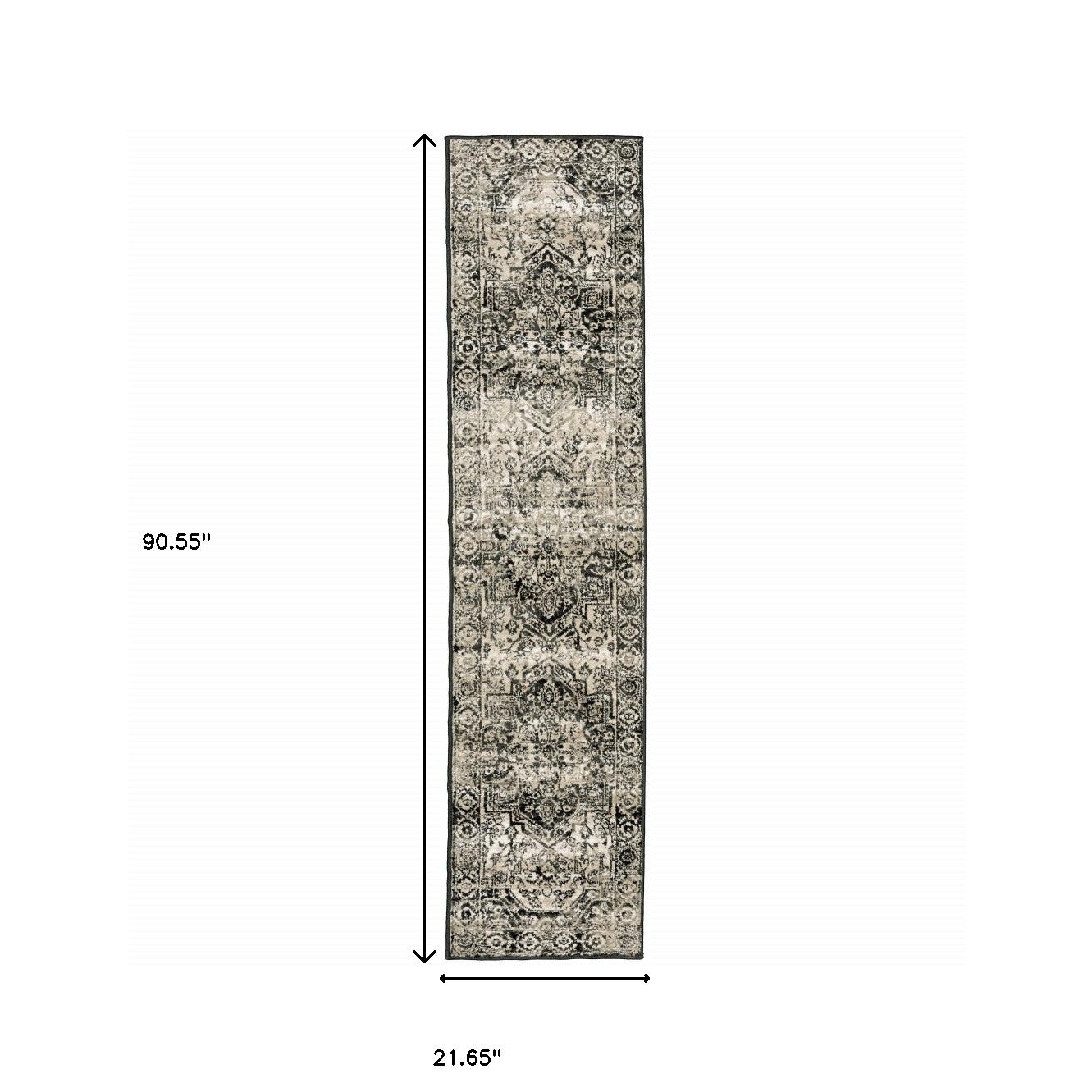 2' X 8' Black Grey Tan And Ivory Oriental Power Loom Stain Resistant Runner Rug