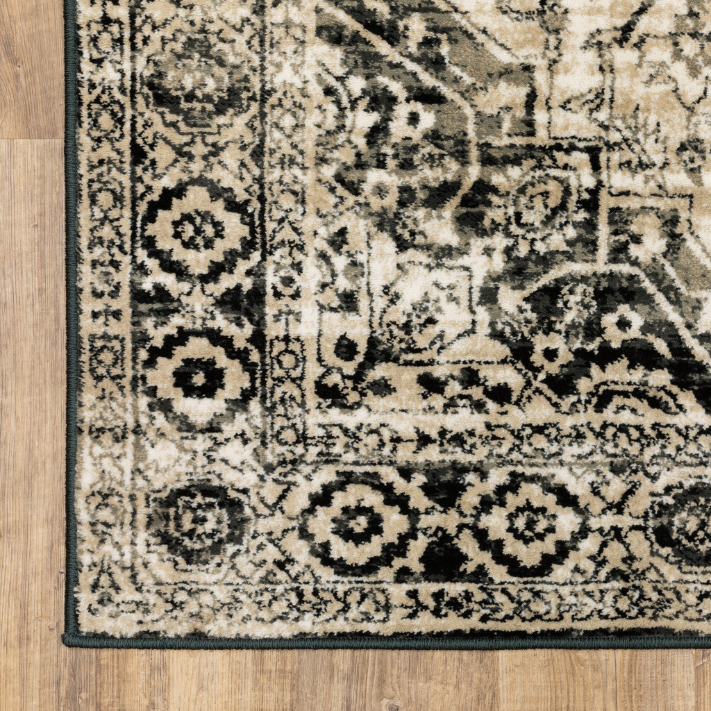 2' X 8' Black Grey Tan And Ivory Oriental Power Loom Stain Resistant Runner Rug