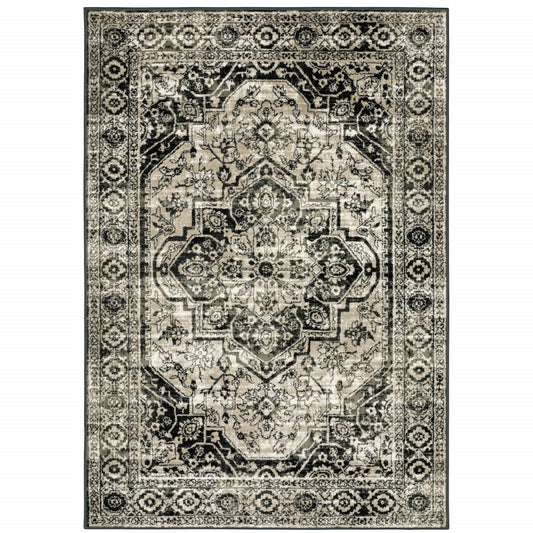 5' X 7' Black Grey Tan And Ivory Oriental Power Loom Stain Resistant Area Rug