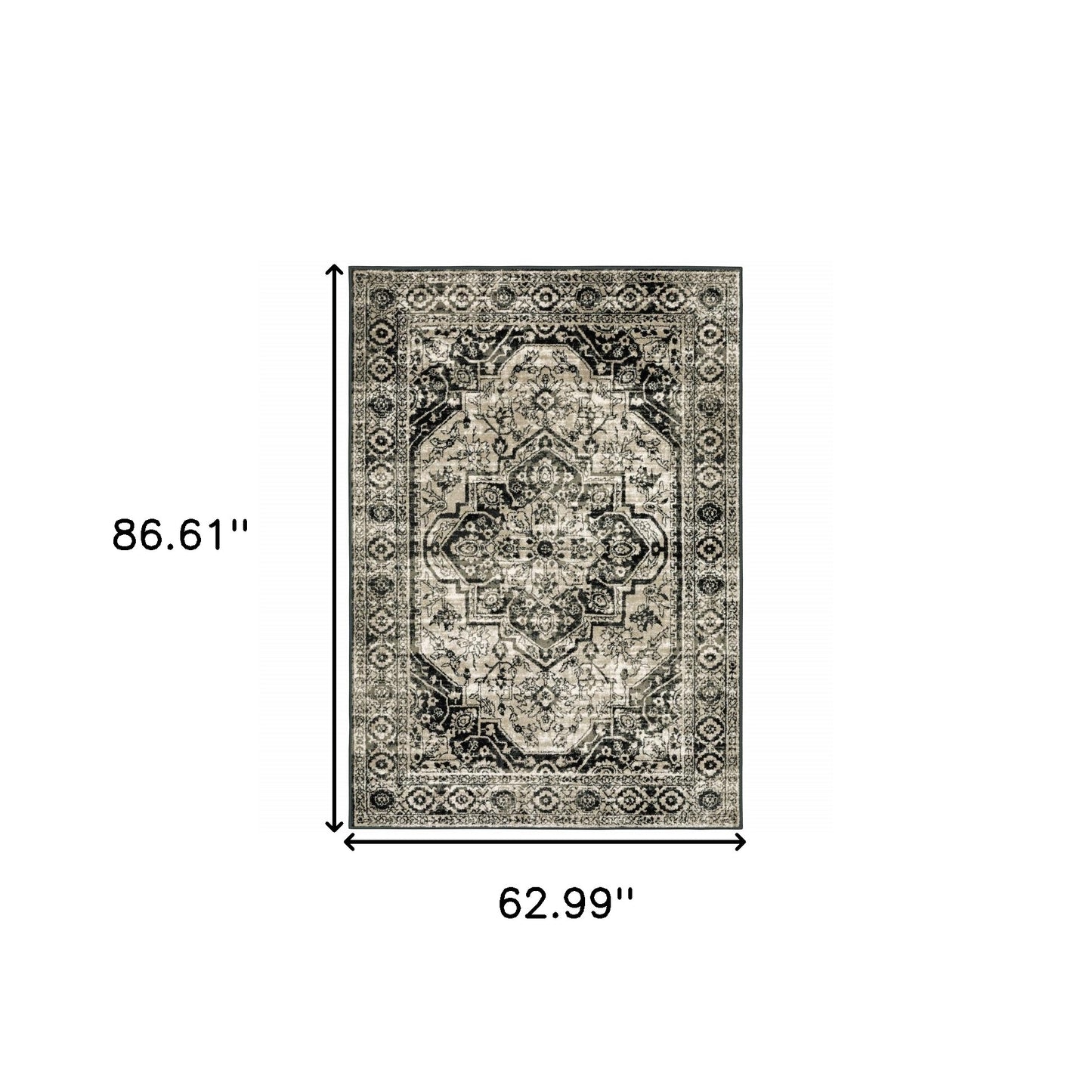 5' X 7' Black Grey Tan And Ivory Oriental Power Loom Stain Resistant Area Rug