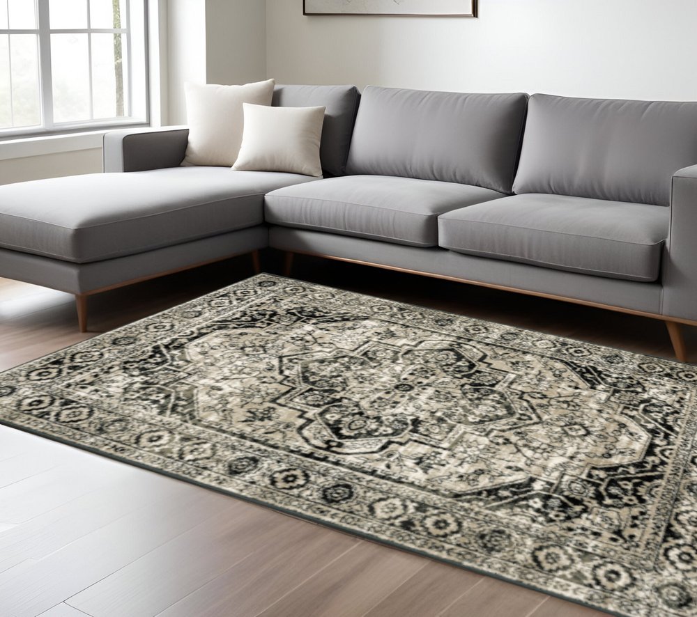 7' X 9' Gray And Ivory Oriental Area Rug