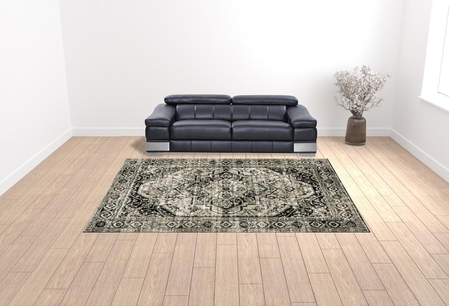 10' X 13' Black Grey Tan And Ivory Oriental Power Loom Stain Resistant Area Rug