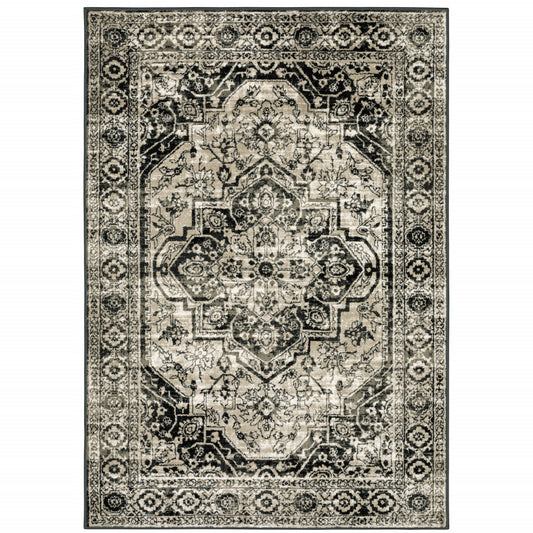 10' X 13' Black Grey Tan And Ivory Oriental Power Loom Stain Resistant Area Rug