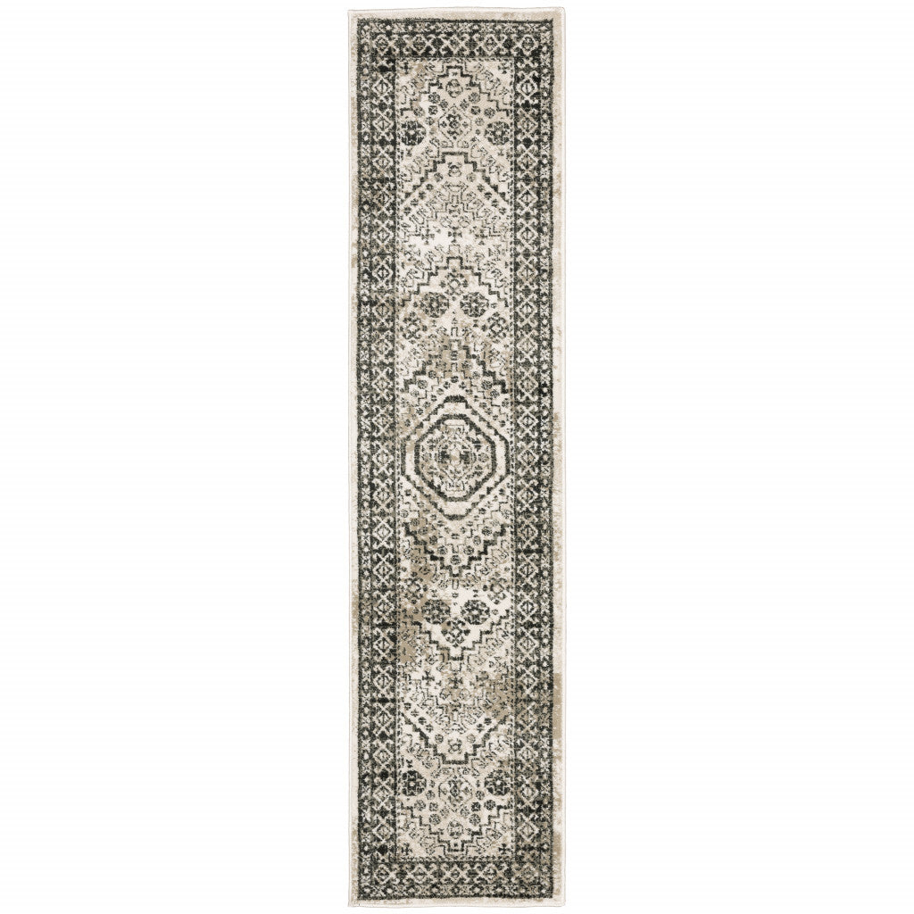 2' X 8' Ivory Grey Black And Ivory Oriental Power Loom Stain Resistant Runner Rug