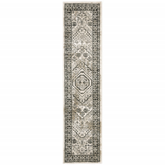 2' X 8' Ivory Grey Black And Ivory Oriental Power Loom Stain Resistant Runner Rug