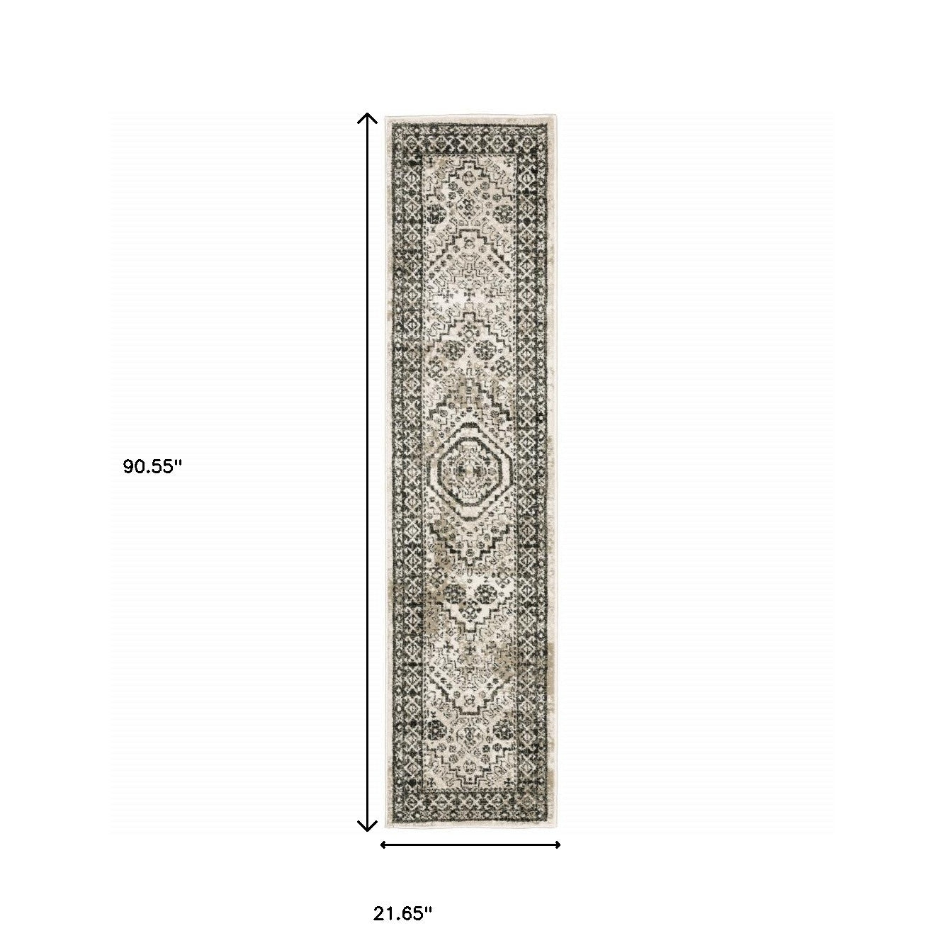 2' X 8' Ivory Grey Black And Ivory Oriental Power Loom Stain Resistant Runner Rug