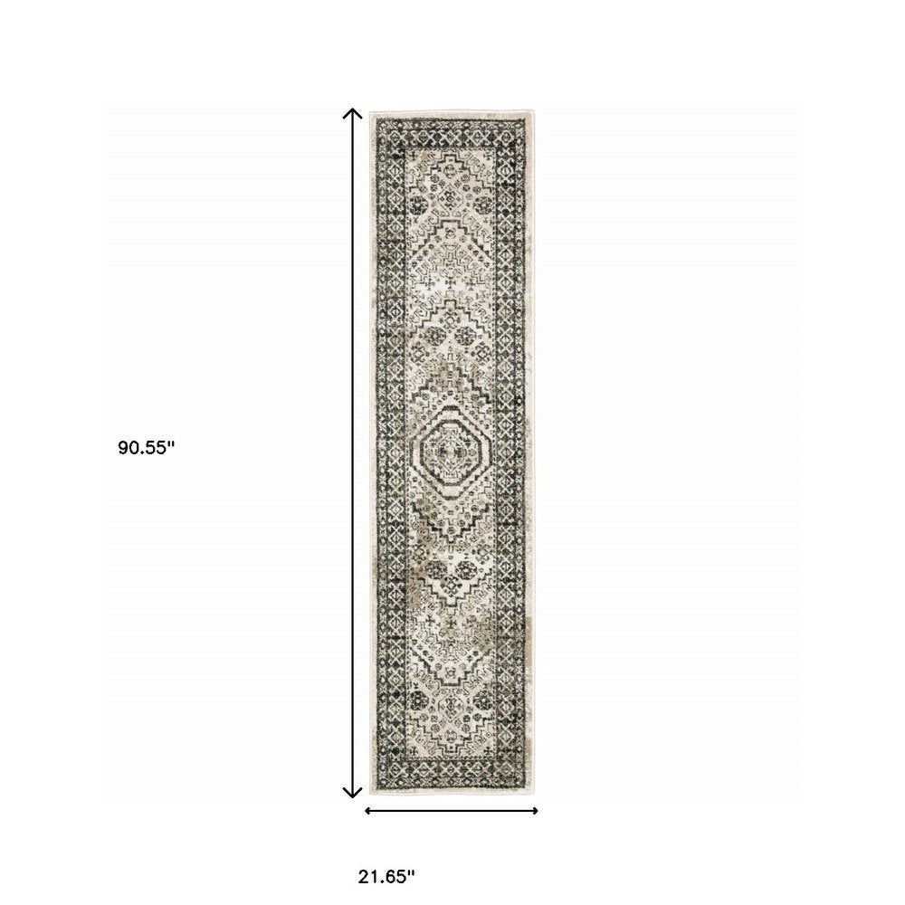 2' x 8' ivory, grey, black oriental power-loom stain-resistant runner rug
