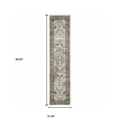 2' x 8' ivory, grey, black oriental power-loom stain-resistant runner rug