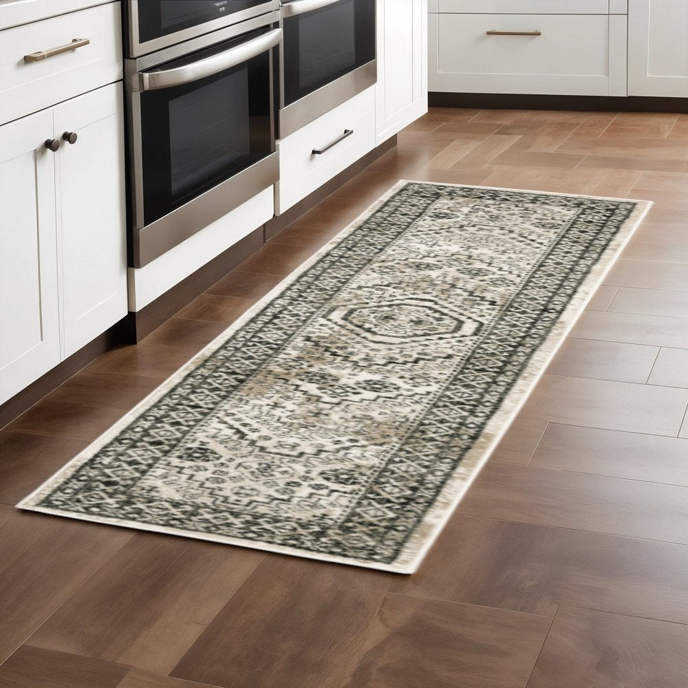 2' x 8' ivory, grey, black oriental patterned runner rug, power loom, stain resistant