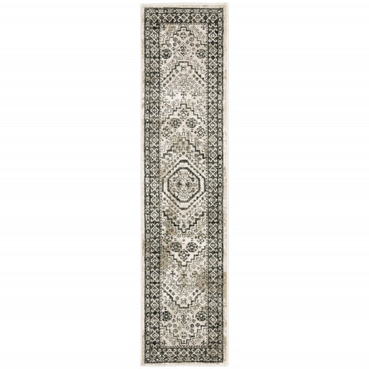 2' X 8' Ivory Grey Black and Ivory Oriental Power Loom stain resistant runner rug