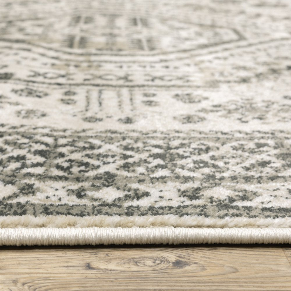2' X 8' Ivory Grey Black & Ivory Oriental Power Loom Stain Resistant Runner Rug