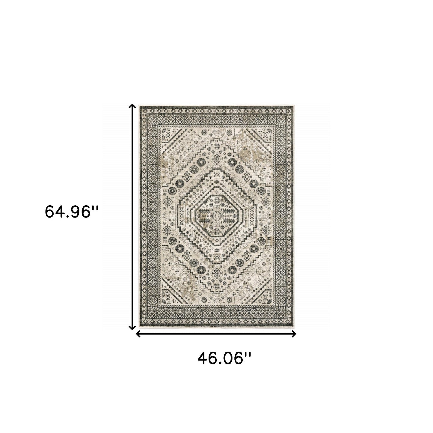 4' X 6' Ivory Grey Black And Ivory Oriental Power Loom Stain Resistant Area Rug