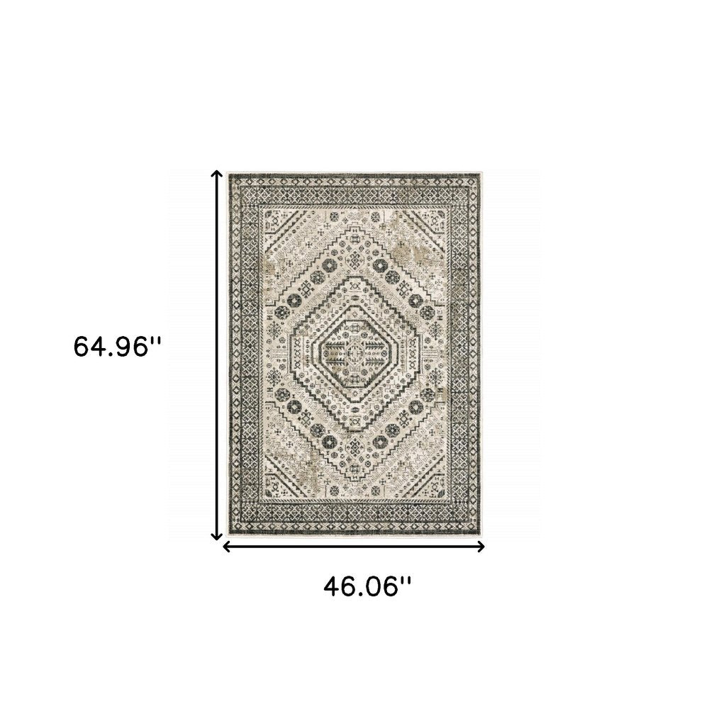 Beige oriental area rug with diamond medallion center and intricate ivory, taupe, black borders, 64.96 x 46.06 inches
