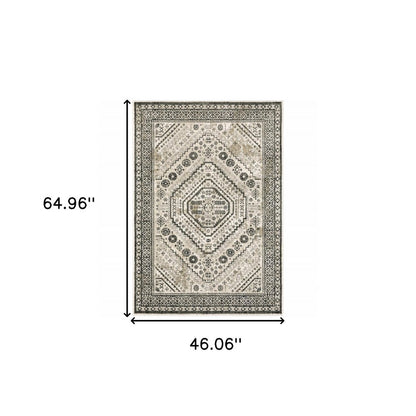 Beige oriental area rug with diamond medallion center and intricate ivory, taupe, black borders, 64.96 x 46.06 inches