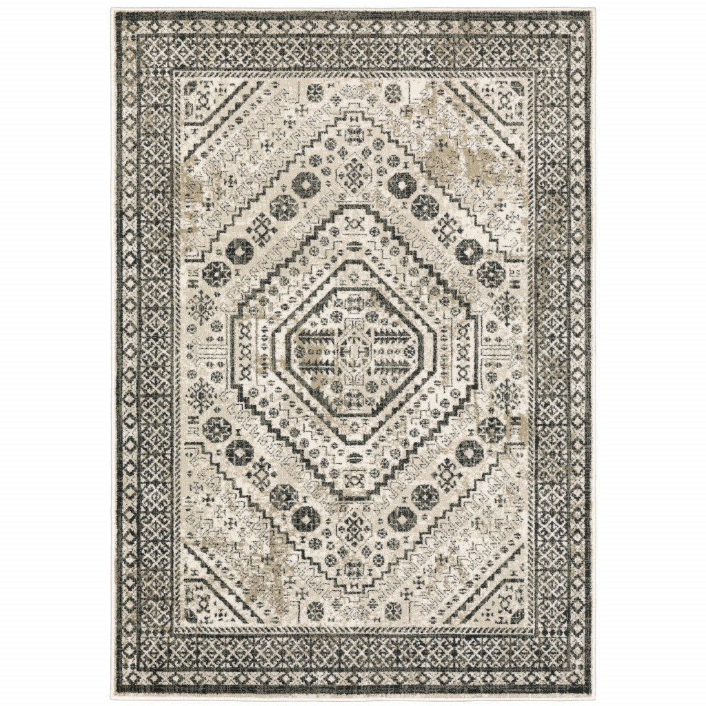 6' X 9' Ivory Grey Black And Ivory Oriental Power Loom Stain Resistant Area Rug