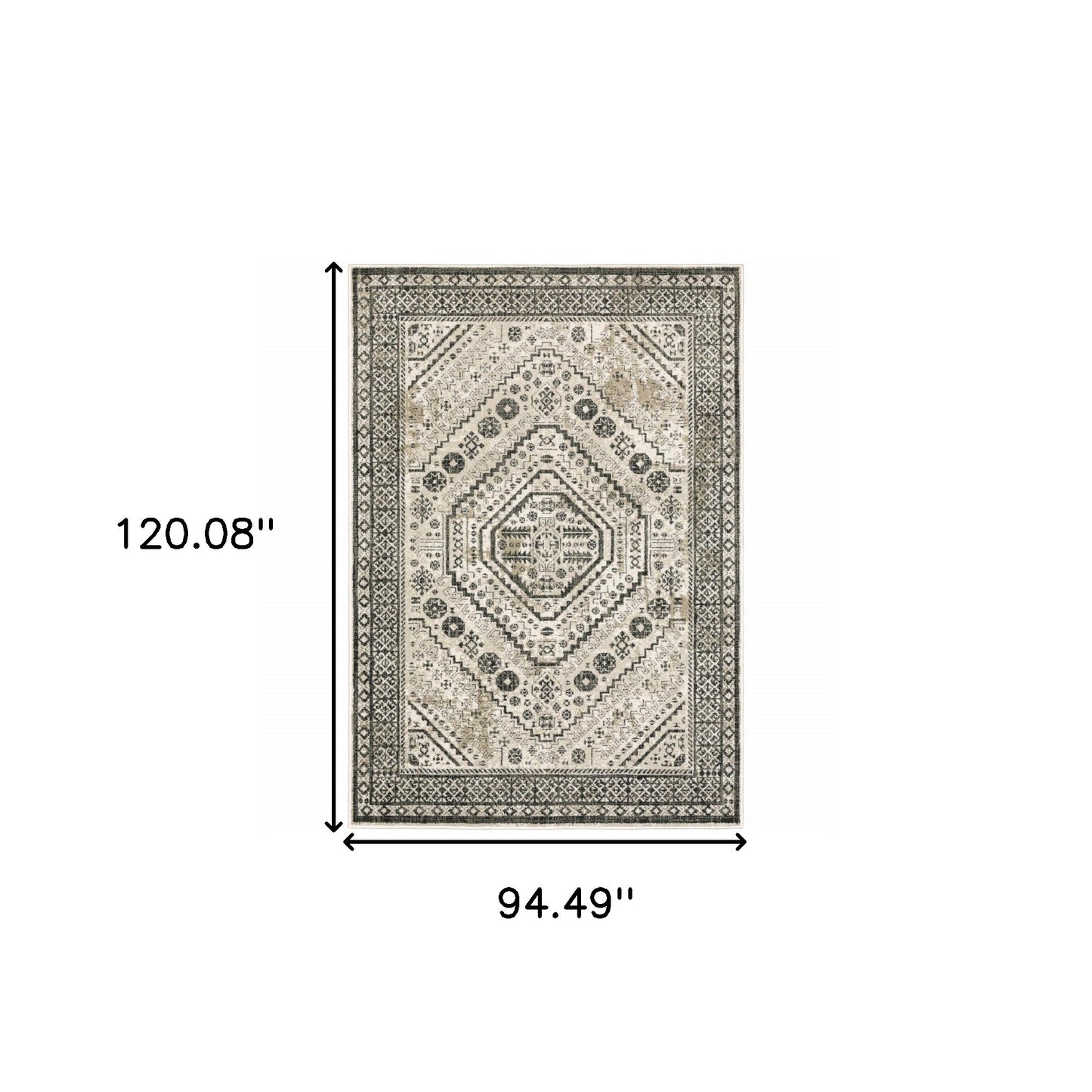 8' X 10' Ivory Grey Black And Ivory Oriental Power Loom Stain Resistant Area Rug