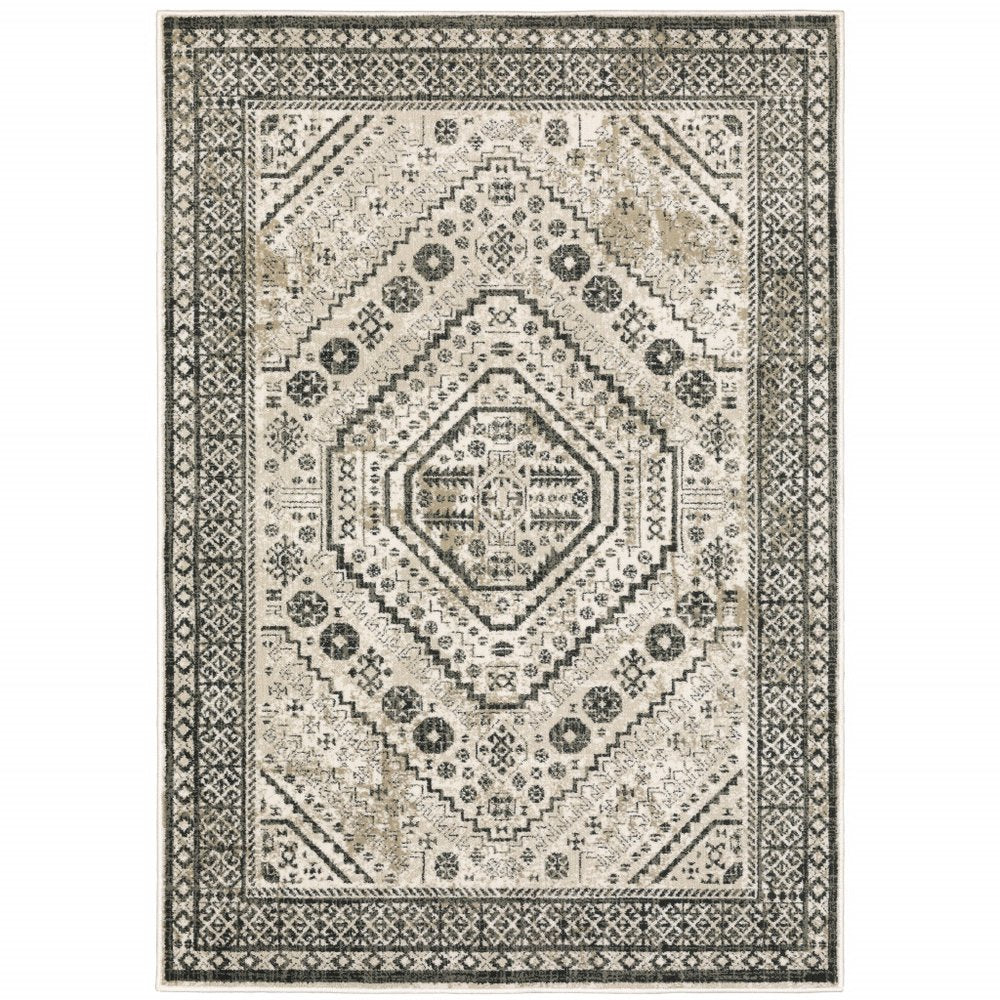 Product title: 8' X 10' Ivory Grey Black And Ivory Oriental Power Loom Stain Resistant Area Rug