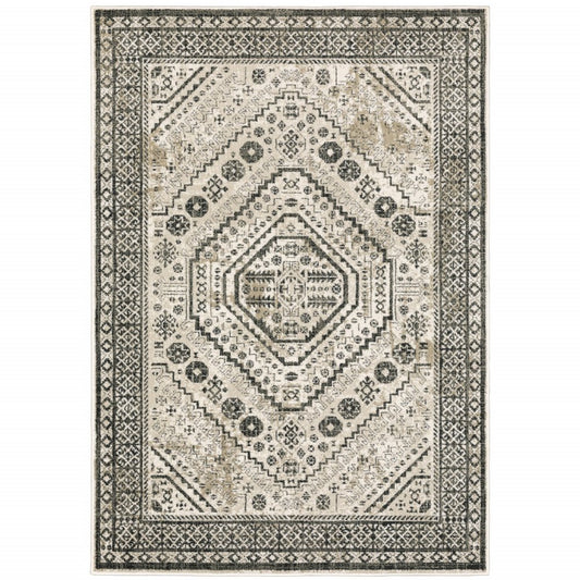 Product title: 8' X 10' Ivory Grey Black And Ivory Oriental Power Loom Stain Resistant Area Rug