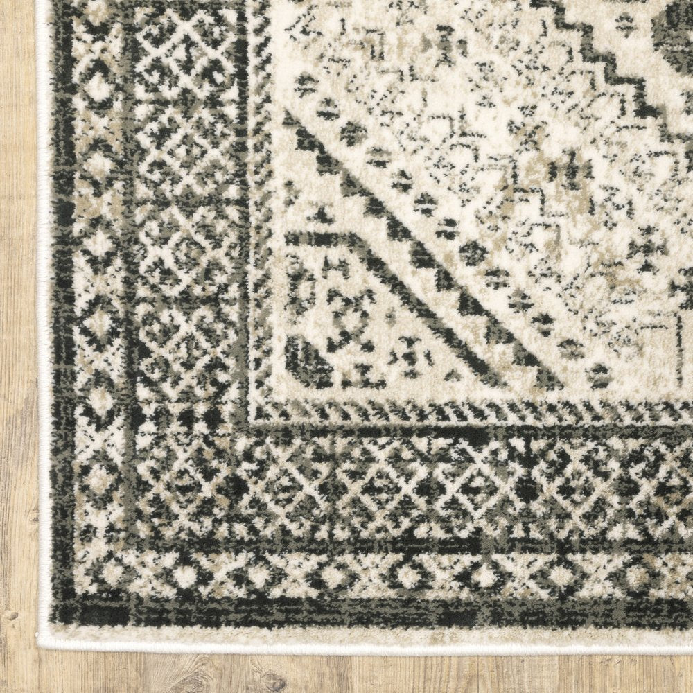 8' x 10' ivory grey black and ivory oriental power loom stain-resistant area rug