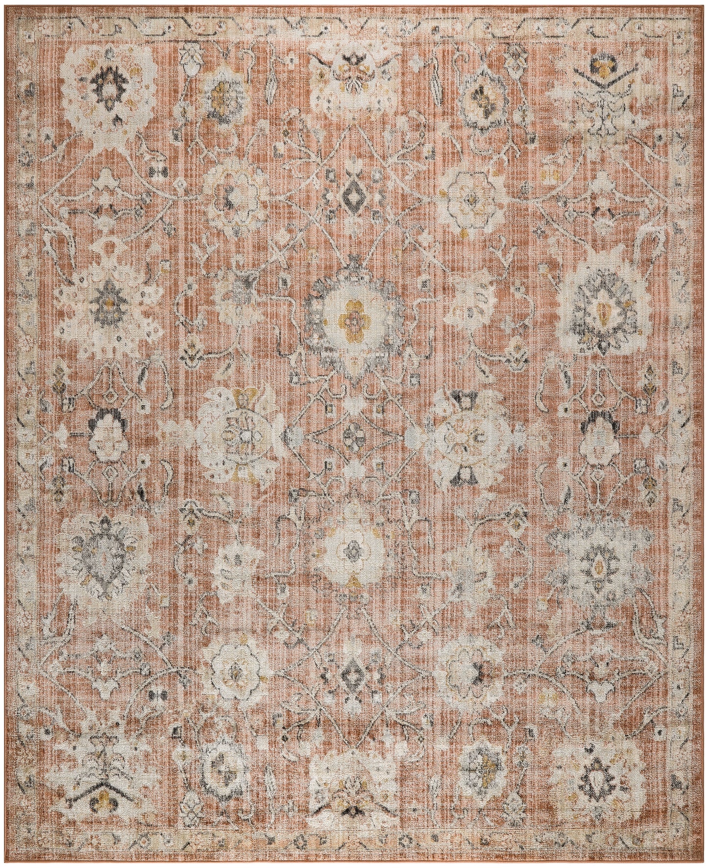 Peach distressed oriental rug with ivory floral medallions, gray accents and a vintage-inspired decorative border.
