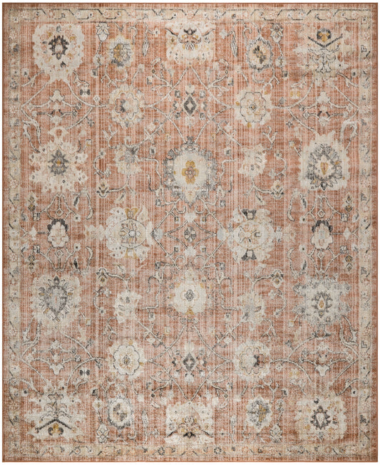 Peach distressed oriental rug with ivory floral medallions, gray accents and a vintage-inspired decorative border.
