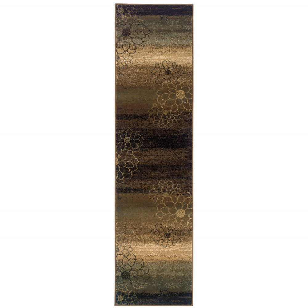 8' Brown Beige And Black Floral Runner Rug