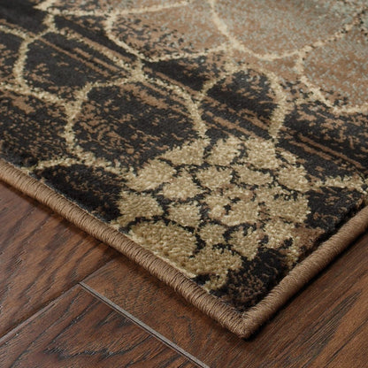 8' Brown Beige And Black Floral Runner Rug