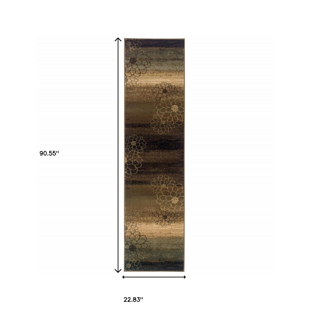 8' Brown Beige And Black Floral Runner Rug