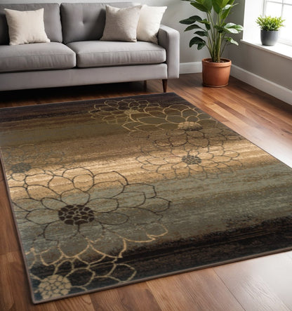 4' X 6' Brown And Beige Floral Power Loom Stain Resistant Area Rug