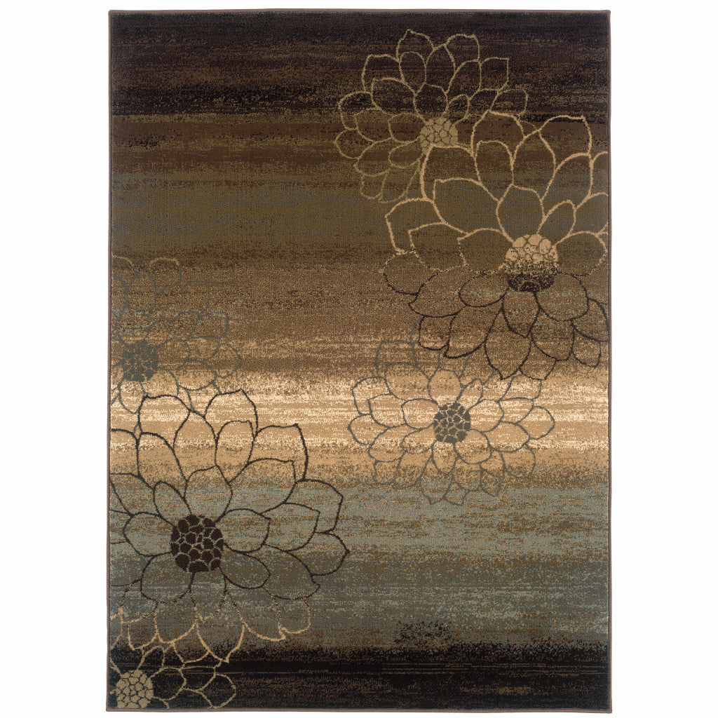 6' X 9' Brown And Beige Floral Power Loom Stain Resistant Area Rug