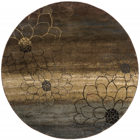 8' Brown Round Floral Power Loom Stain Resistant Area Rug