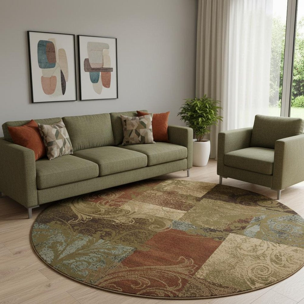 8' Green Round Geometric Power Loom Stain Resistant Area Rug