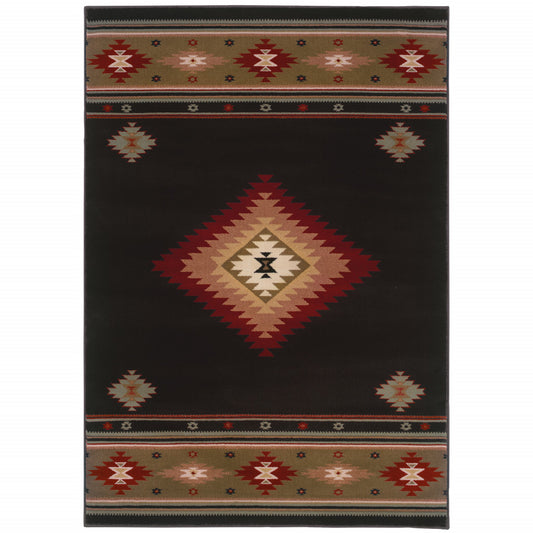 10' X 13' Black And Green Southwestern Power Loom Stain Resistant Area Rug
